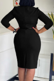 Black Elegant Solid Color Patchwork Slit With Belt Asymmetrical Collar Wrapped Skirt Dresses