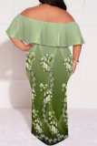 Dark Green Sexy Floral Print Gradient Ruffle Contrast Off Shoulder Printed Plus Size Dresses