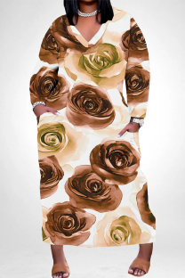 Red Yellow Elegant Floral Print Pocket Contrast V Neck Printed Plus Size Dresses