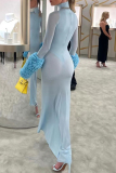 Light Blue Elegant Solid Color Patchwork Turtleneck Long Dresses