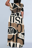 Beige Casual Street Floral Print Camouflage Print Letters Pocket Contrast O Neck Printed Plus Size Dresses