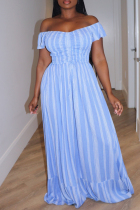 Sky Blue Casual Stripe Patchwork Backless Off Shoulder Long Dresses