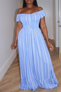 Sky Blue Casual Stripe Patchwork Backless Off Shoulder Long Dresses