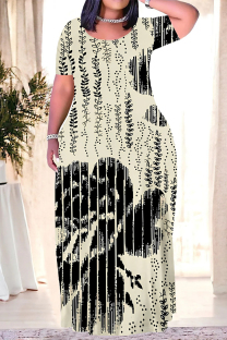 Beige Casual Street Floral Print Camouflage Print Letters Pocket Contrast O Neck Printed Plus Size Dresses