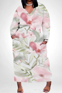 Pink Green Casual Daily Floral Print Pocket Contrast V Neck Printed Plus Size Dresses