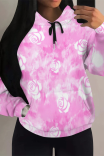 Purple Casual Daily Floral Print Draw String Pocket Contrast Hooded Tops