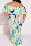 Dark Green Sexy Floral Print Gradient Ruffle Contrast Off Shoulder Printed Plus Size Dresses