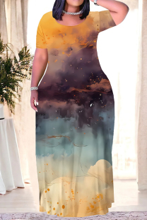 Multi-color Casual Geometric Print Stripe Gradient Pocket Contrast O Neck Printed Plus Size Dresses