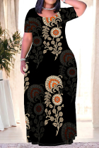Black Casual Street Floral Print Camouflage Print Letters Pocket Contrast O Neck Printed Plus Size Dresses