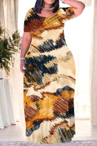 Beige Casual Geometric Print Stripe Gradient Pocket Contrast O Neck Printed Plus Size Dresses