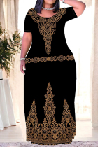 Black Gold Casual Street Floral Print Camouflage Print Letters Pocket Contrast O Neck Printed Plus Size Dresses