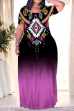 Beige Casual Geometric Print Stripe Gradient Pocket Contrast O Neck Printed Plus Size Dresses