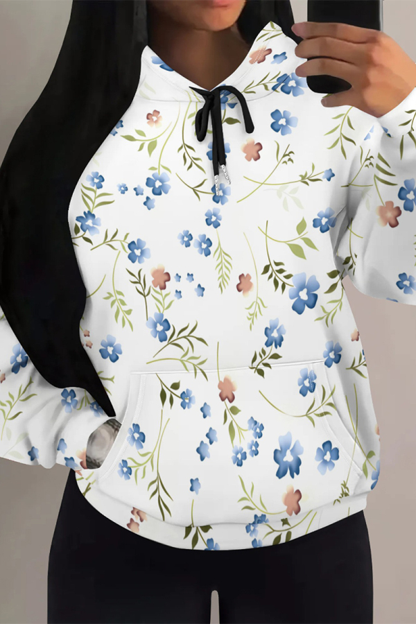 White Blue Casual Daily Floral Print Draw String Pocket Contrast Hooded Tops