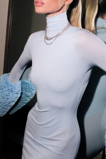 Light Blue Elegant Solid Color Patchwork Turtleneck Long Dresses