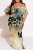 Dark Green Sexy Floral Print Gradient Ruffle Contrast Off Shoulder Printed Plus Size Dresses