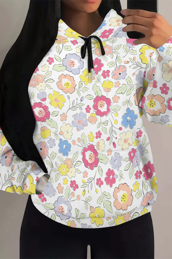 White Casual Daily Floral Print Draw String Pocket Contrast Hooded Tops