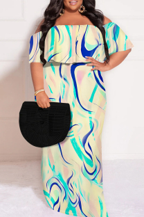Turquoise Sexy Floral Print Gradient Ruffle Contrast Off Shoulder Printed Plus Size Dresses