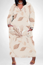Khaki Casual Daily Floral Print Pocket Contrast V Neck Printed Plus Size Dresses
