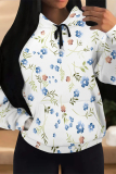 Blue Casual Daily Floral Print Draw String Pocket Contrast Hooded Tops