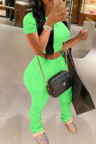 Fluorescent Green Casual Solid Color Draw String Patchwork O Neck Short Sleeve Two Pieces