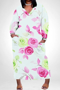Pink Green Elegant Floral Print Pocket Contrast V Neck Printed Plus Size Dresses