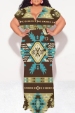 Dark Khaki Casual National Totem Print Lace Up Contrast V Neck Printed Plus Size Dresses