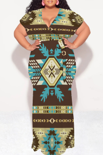 Dark Khaki Casual National Totem Print Lace Up Contrast V Neck Printed Plus Size Dresses