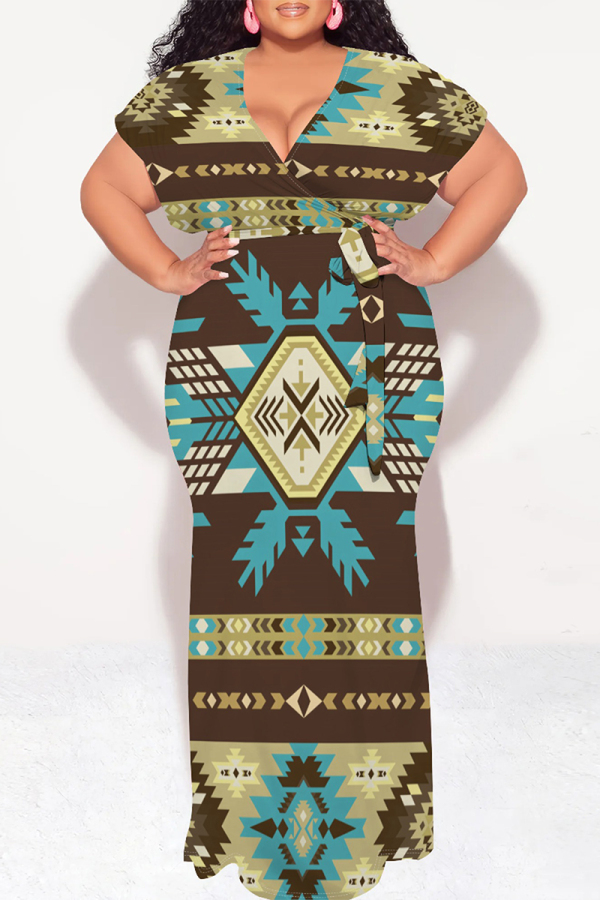 Dark Khaki Casual National Totem Print Lace Up Contrast V Neck Printed Plus Size Dresses