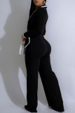 Black Casual Patchwork Contrast Turndown Collar Regular Jumpsuits