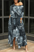 Black Gray Casual Street Faux Denim Print Pocket Irregular Contrast Oblique Collar Irregular Dresses