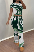 Ink Green Casual Street Ombre Print Contrast O Neck Short Sleeve Two Pieces