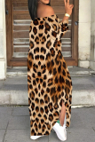 Green Sexy Leopard Print Lace Up Slit Contrast Off Shoulder Printed Dresses