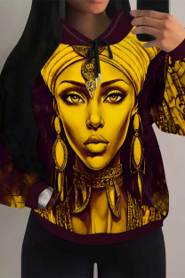 Purple Casual Street Figure Print Draw String Pocket Hooded Tops
