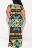 Dark Khaki Casual National Totem Print Lace Up Contrast V Neck Printed Plus Size Dresses