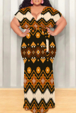 Dark Khaki Casual National Totem Print Lace Up Contrast V Neck Printed Plus Size Dresses