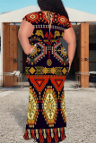 Dark Khaki Casual National Totem Print Lace Up Contrast V Neck Printed Plus Size Dresses