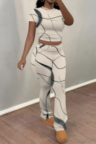 Apricot Casual Street Ombre Print Contrast O Neck Short Sleeve Two Pieces