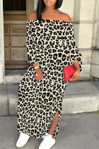 Beige Sexy Leopard Print Lace Up Slit Contrast Off Shoulder Printed Dresses