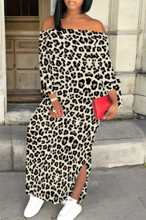 Beige Sexy Leopard Print Lace Up Slit Contrast Off Shoulder Printed Dresses