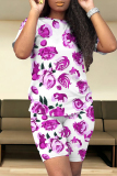 Grey Casual Street Floral Print Stripe Contrast O Neck Short Sleeve Two Pieces