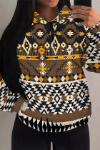 Coffee Casual Street Figure Print Draw String Pocket Hooded Tops