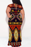 Dark Khaki Casual National Totem Print Lace Up Contrast V Neck Printed Plus Size Dresses