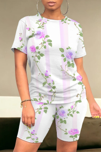White Purple Casual Street Floral Print Stripe Contrast O Neck Short Sleeve Two Pieces