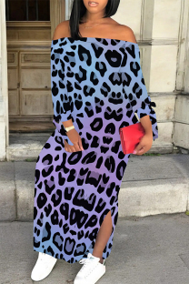 Blue Sexy Leopard Print Lace Up Slit Contrast Off Shoulder Printed Dresses