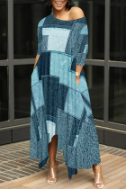 Blue Black Casual Street Faux Denim Print Pocket Irregular Contrast Oblique Collar Irregular Dresses