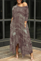 Light Coffee Casual Street Faux Denim Print Pocket Irregular Contrast Oblique Collar Irregular Dresses