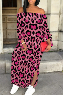 Rose Red Sexy Leopard Print Lace Up Slit Contrast Off Shoulder Printed Dresses