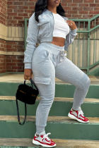 Grey Casual Solid Color Pocket Patchwork Zipper Zipper Collar Long Sleeve Two Pieces
