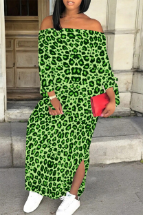 Green Sexy Leopard Print Lace Up Slit Contrast Off Shoulder Printed Dresses
