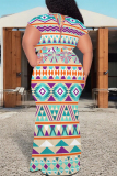 Dark Khaki Casual National Totem Print Lace Up Contrast V Neck Printed Plus Size Dresses